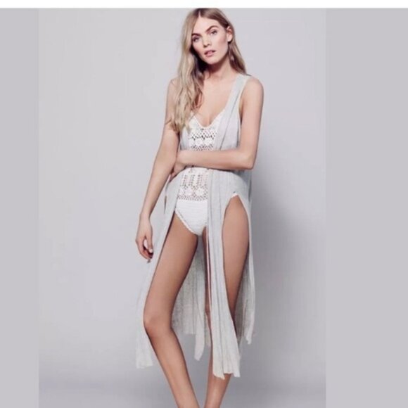 Free People Baja Escape Duster Cardigan Knit Vest Beige Medium - Picture 2 of 9